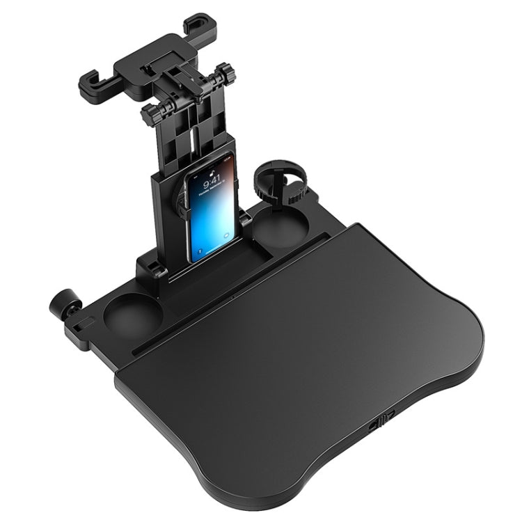 Car seat rotating tray table with phone holder and cup openings, black