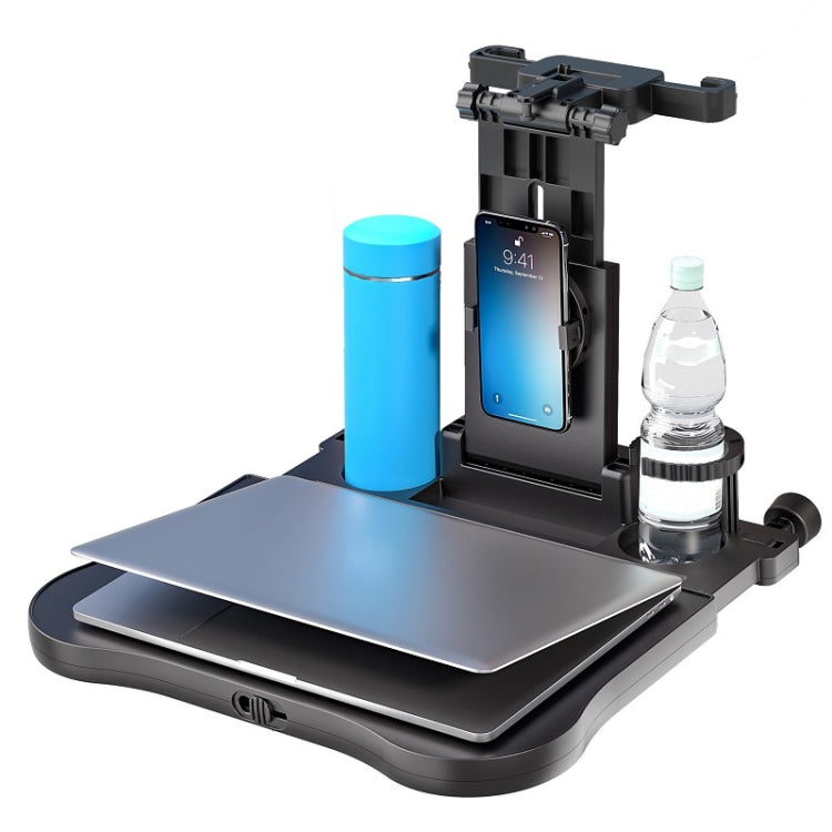 Car seat rotating tray table with bottle and cup storage, black