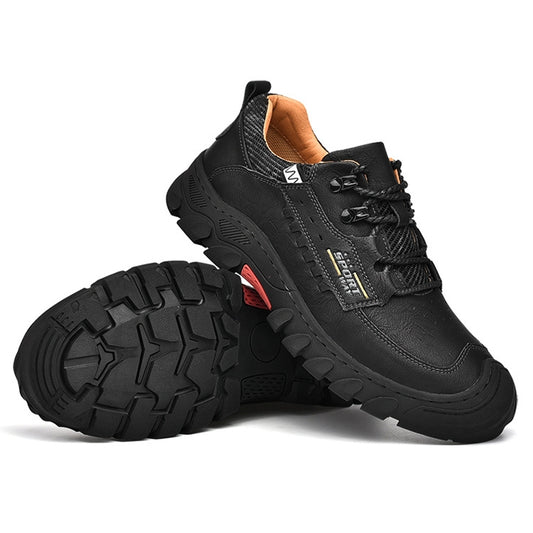 Men's black hiking shoes with lace-up closure and thick treaded outsole
