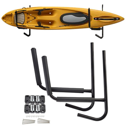 Kayak and surfboard wall storage rack with black metal U-bar design and supports