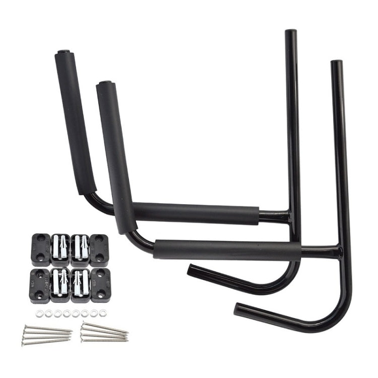 Wall-mounted kayak/surfboard storage rack with mounting clips and screws, black metal frame