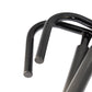 Black metal display rack with curved tubular arms and end caps for board support