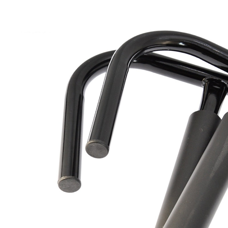 Black metal display rack with curved tubular arms and end caps for board support