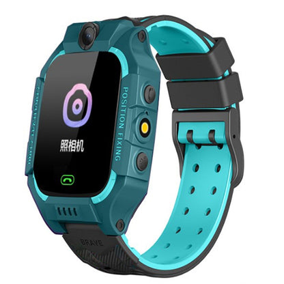 Teal children smart phone watch with black touchscreen and camera on top