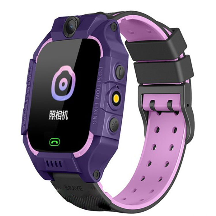 Purple children smart phone watch with black touchscreen and camera on top