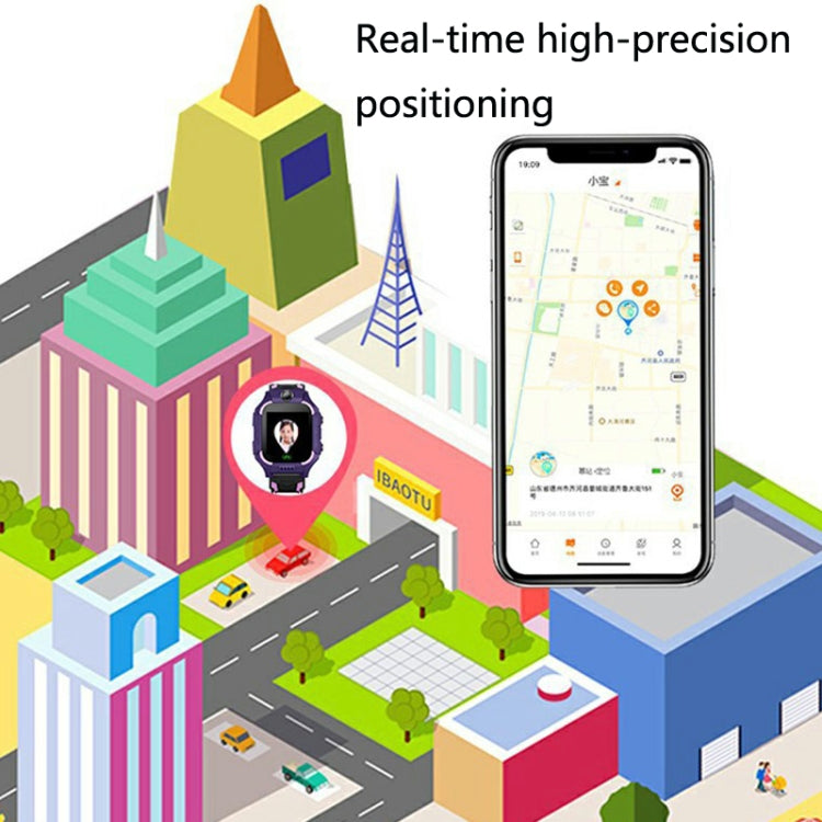 Teal children smart watch with black screen, shown near a mobile map graphic
