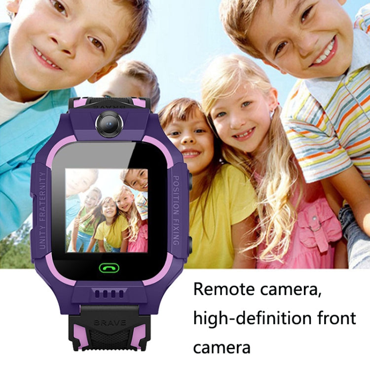 Purple children smart watch with black touchscreen and front camera lens