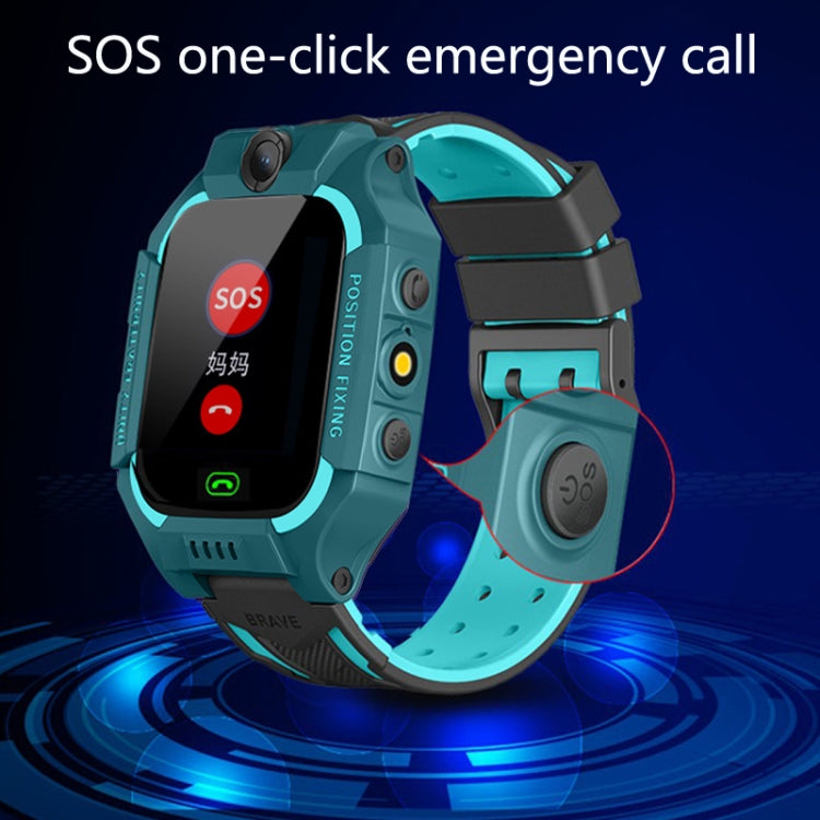 Teal children smart watch with black touchscreen showing a red SOS icon