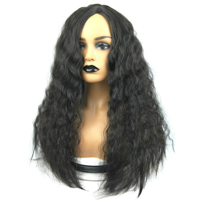 Long black curly synthetic wig with middle split, full voluminous style