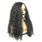 Long black curly synthetic wig, middle part with loose ringlets, side view
