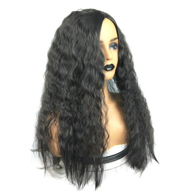 Long black curly synthetic wig, middle part with loose ringlets, side view