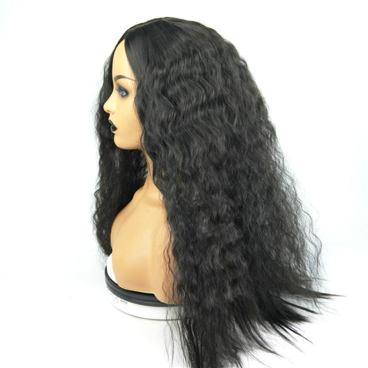 Long black curly synthetic wig with middle part, profile mannequin head view