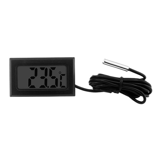 Black waterproof digital thermometer with LCD display, bundled cable, and metal probe tip