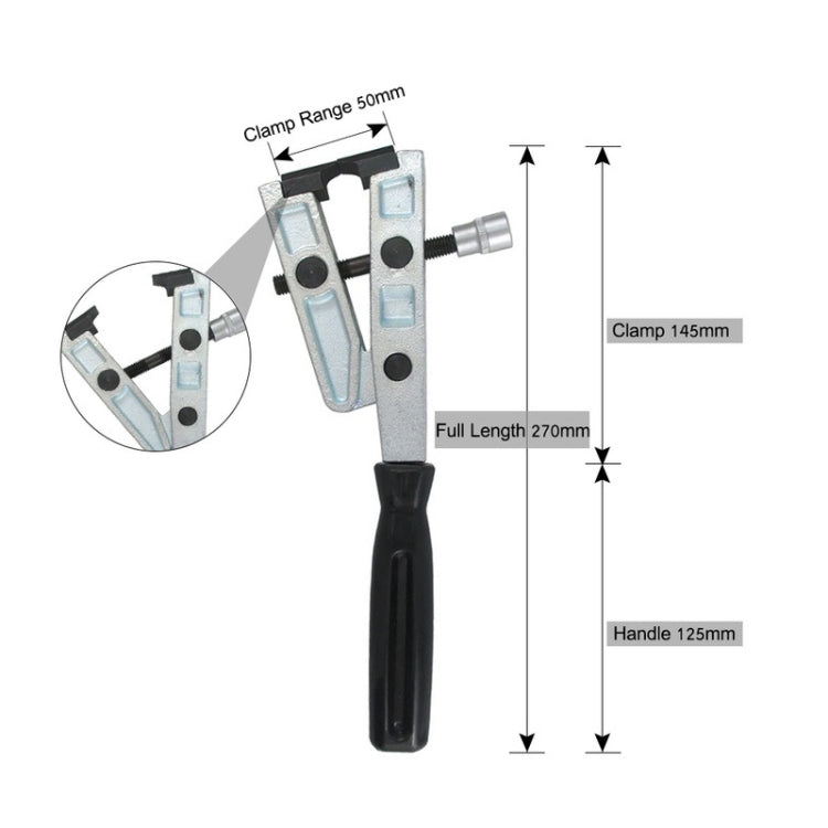 Cage clamp pliers with measurement layout showing full length and clamp range