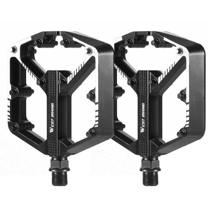 Bicycle platform pedal pair with black metal bodies and dual grip pin surfaces