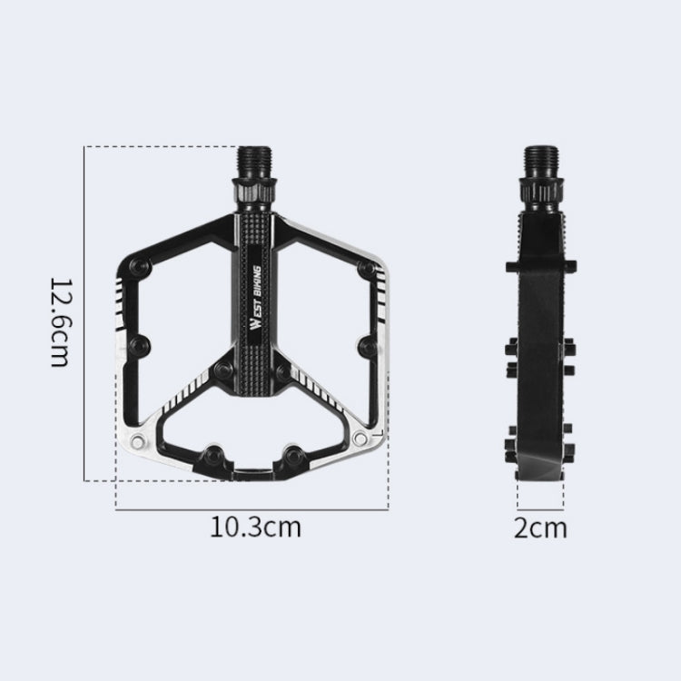 Bicycle platform pedal set, black metal body with threaded axle, front and side views