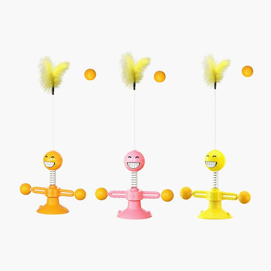Set of interactive cat feather toys with suction cups in yellow, pink, and orange