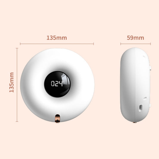 White round soap dispenser front and side views with black sensor display