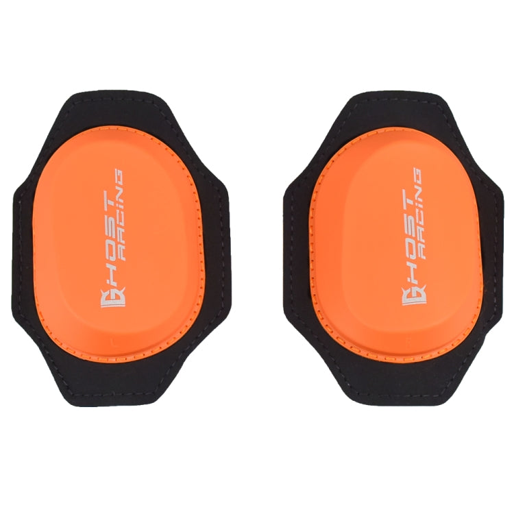 Orange knee abrasion protective pad with black outer cover and oval impact insert