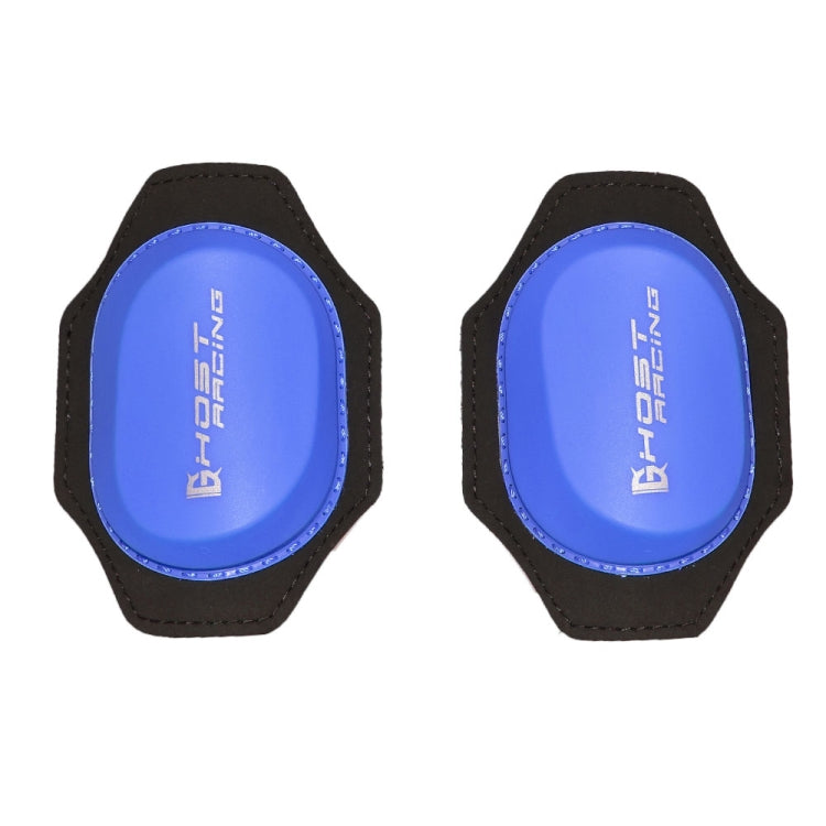Blue knee abrasion protective pad with black outer cover and oval impact insert