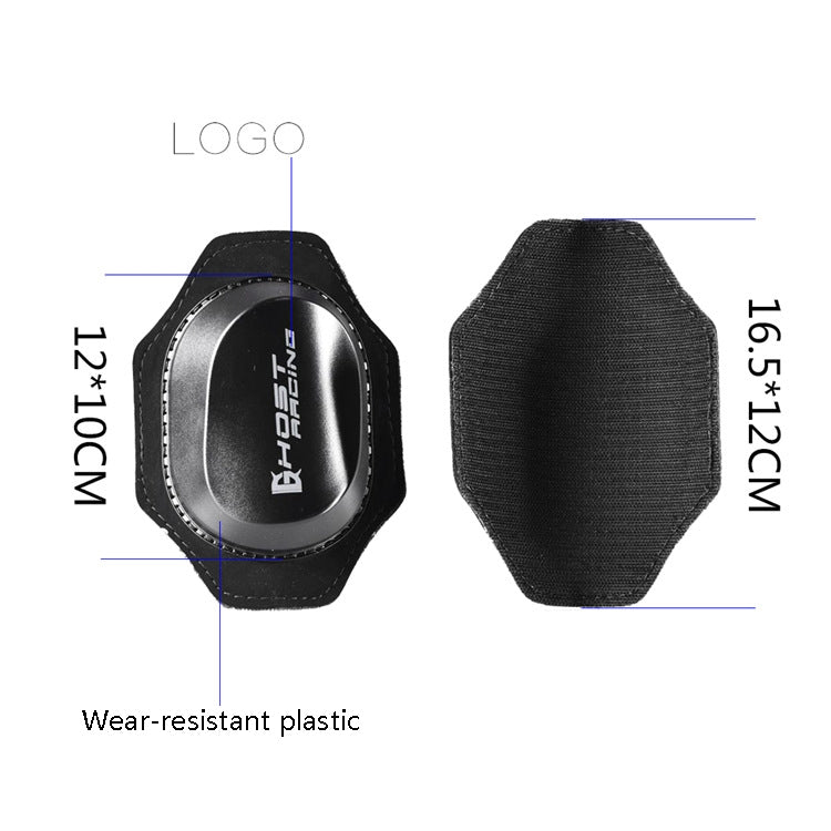 Black knee protector with curved shell and wear-resistant plastic insert
