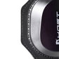 Close-up side view of black knee protector with curved plastic cap and stitched rim