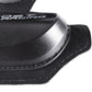Close-up of black knee protector edge with reinforced plastic cap and stitch trim