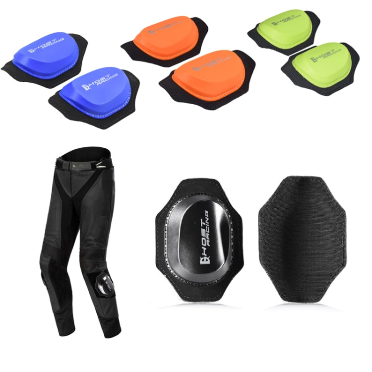 Knee protective pads set with black sleeves and colored caps, shown with pants