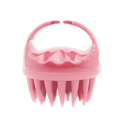 Pink silicone scalp hair washing brush with round handle and flexible bristles