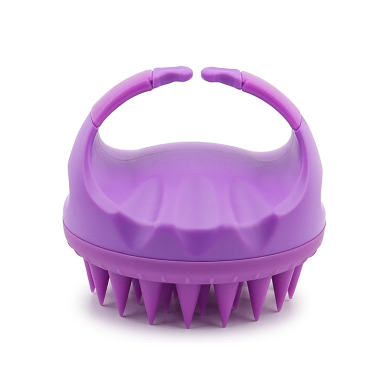 Purple silicone scalp hair washing brush with round handle and pointed bristles