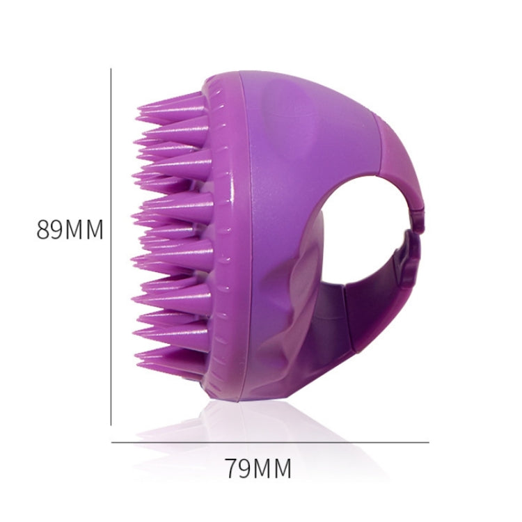 Purple silicone hair washing brush head with long bristles and side handle opening