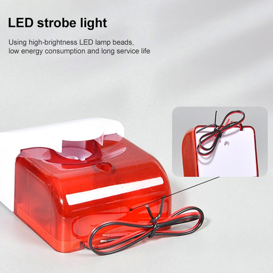 Red sound and light alarm with strobe lens and connecting wire leads