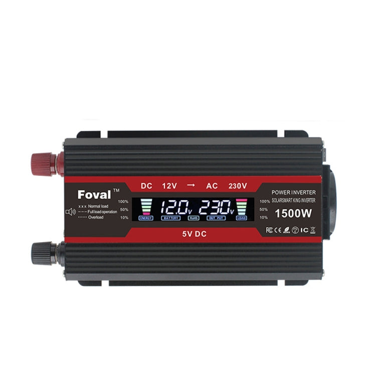 Car power inverter with LCD display, black/red housing, 1500W rating, dual red DC ports