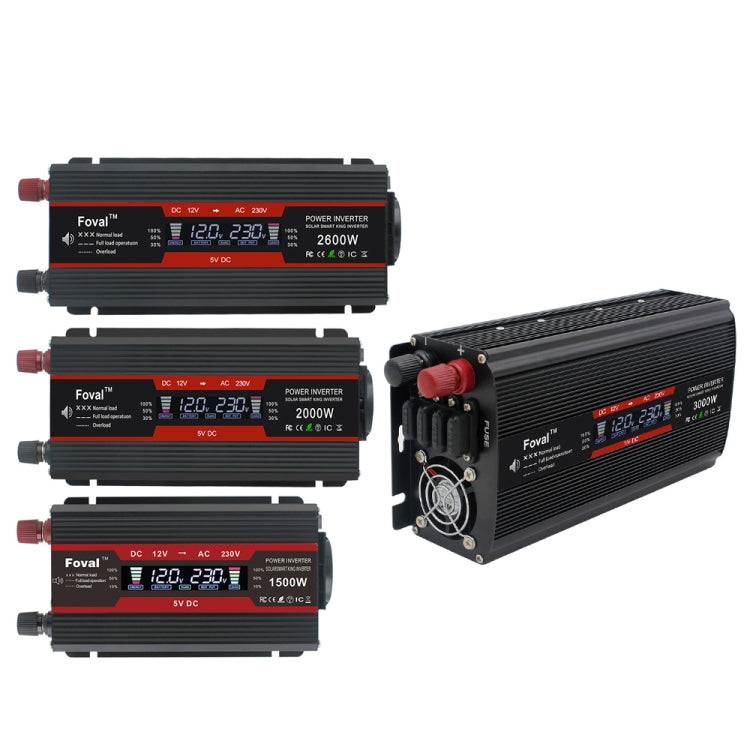 Car power inverter lineup with LCD display, black/red housings, 1500W to 3000W