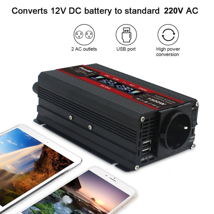 Car power inverter with built-in AC outlets and USB port, black/red housing, 1500W
