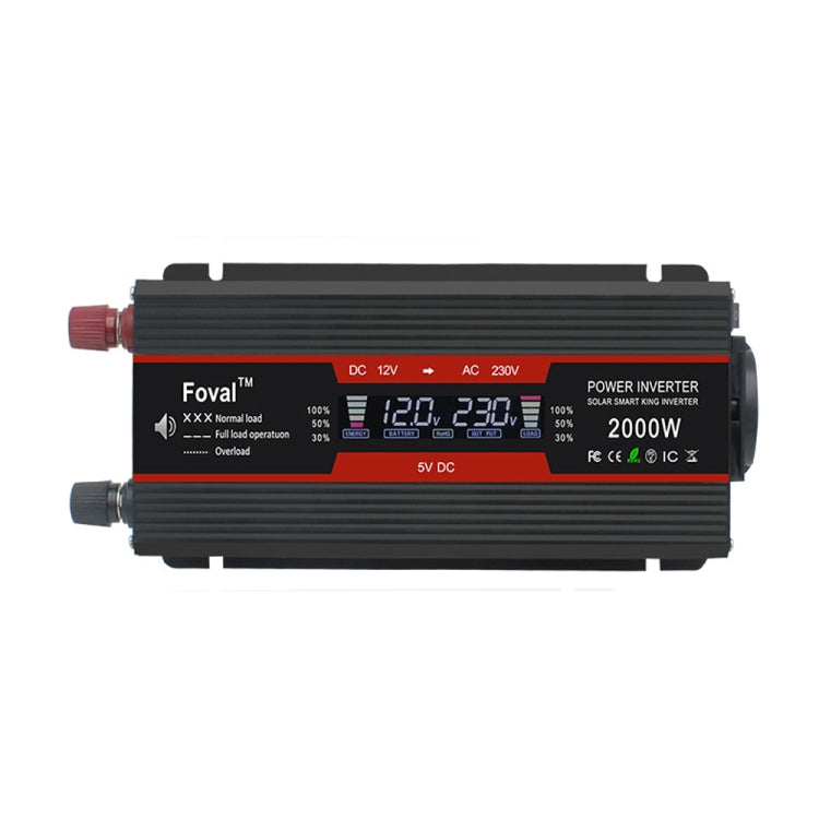 Car power inverter with LCD display, black/red housing, 2000W rating, dual red DC ports