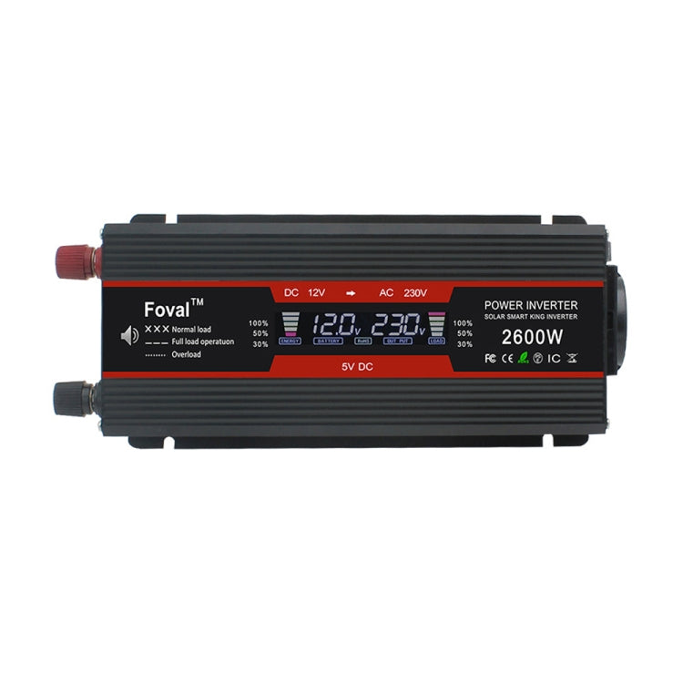 Car power inverter with LCD display, black/red housing, 2600W rating, dual red DC ports