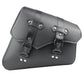 Black leather motorcycle side box bag with front flap buckles and mounting straps