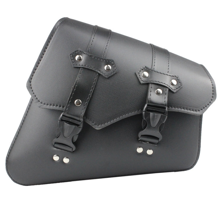 Black leather motorcycle side box bag with front flap buckles and mounting straps