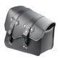 Black leather motorcycle side box bag with curved flap and metal hinge buckles
