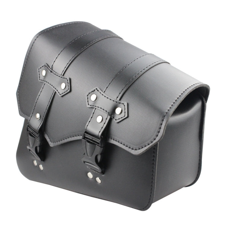 Black leather motorcycle side box bag with curved flap and metal hinge buckles
