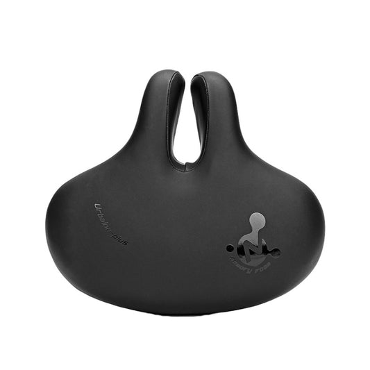 Black bicycle saddle with central no-nose cutout and smooth oval shape