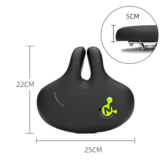 Black no-nose bike saddle with central cutout and rounded underside profile