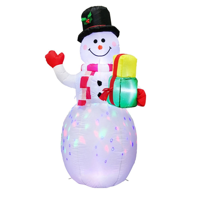 Inflatable snowman with LED lights, black top hat, holding wrapped gift box