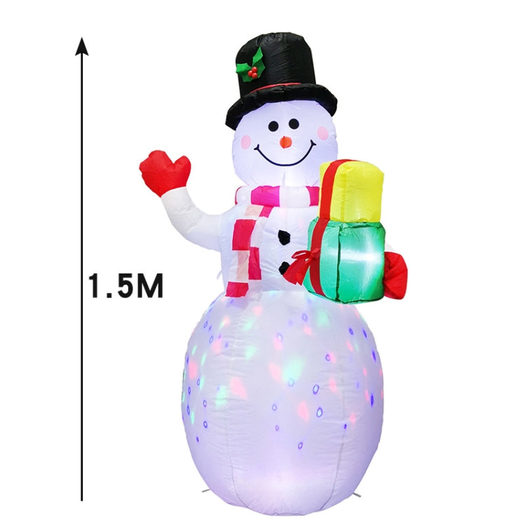 Inflatable snowman with LED lights, black top hat, holds wrapped gift box, 1.5 m
