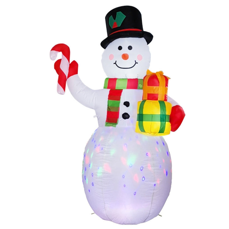 Inflatable snowman with LED lights, candy-striped scarf, holding wrapped gift bag