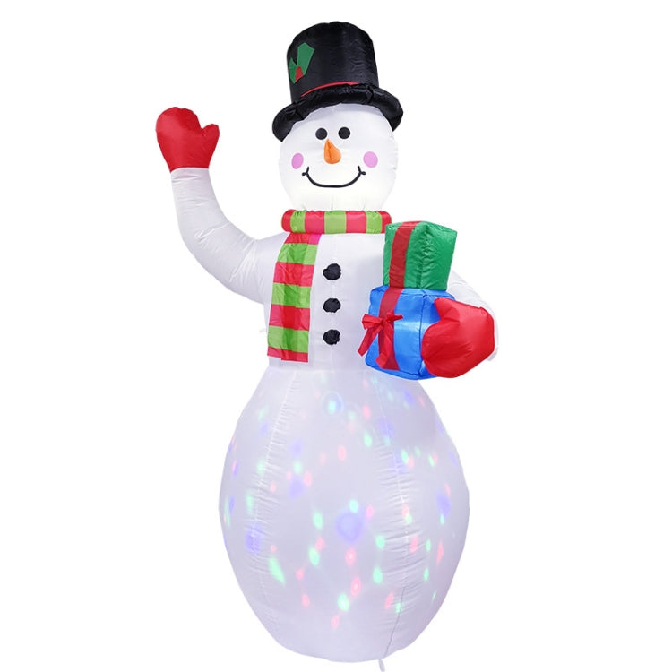 Inflatable snowman with LED lights, striped scarf, holding wrapped presents