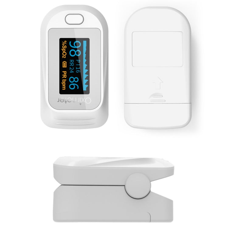 White finger pulse oximeter front and back views with screen window
