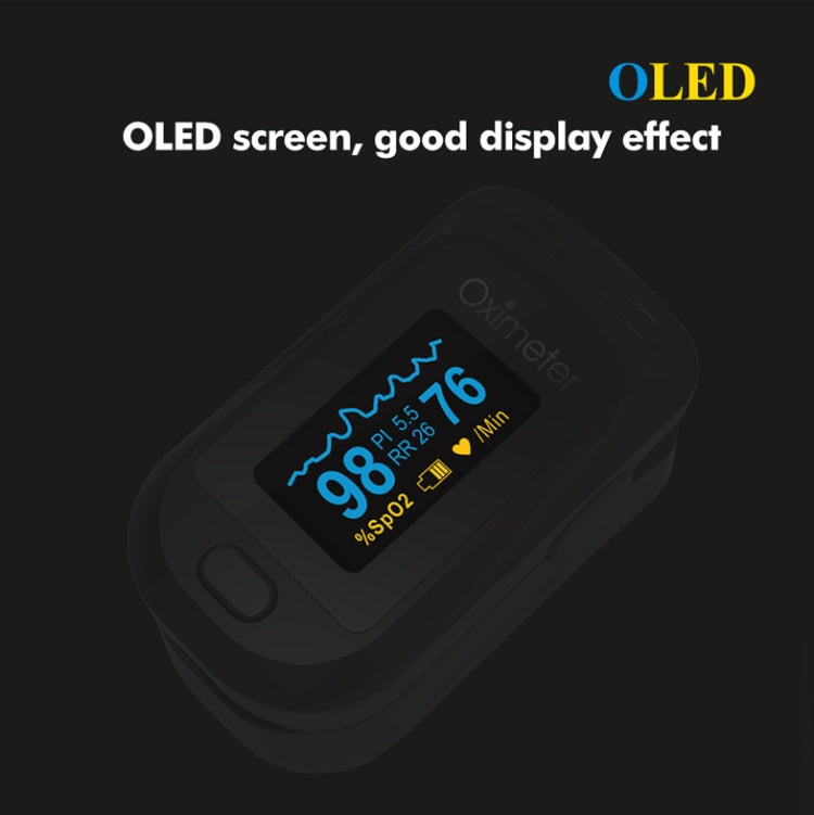 Finger pulse oximeter with OLED screen showing SpO2 and PR bpm
