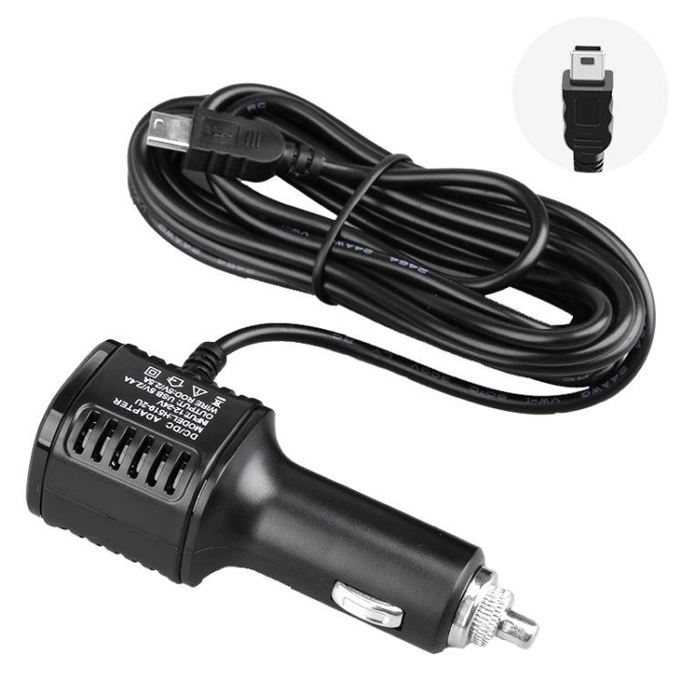 Car dual USB power charger cord with mini plug, black cable and connector